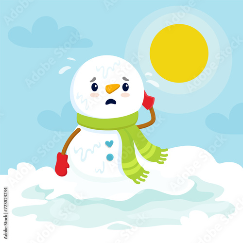 cartoon snowman melting. Sad snowman character in spring.Vector illustration