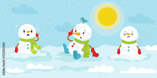 set of cartoon snowman melting. Sad snowman character in spring. Vector illustration