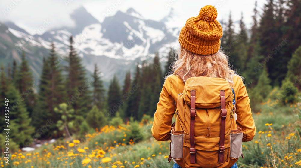 hiker in a yellow jacket and beanie looks out over a mountainous landscape with green pine trees and wildflowers