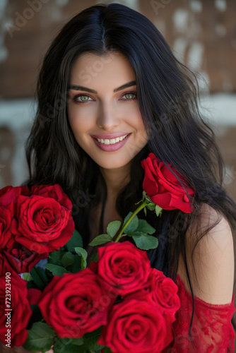 Beautiful brunette with long black hair wearing a red dress with red roses