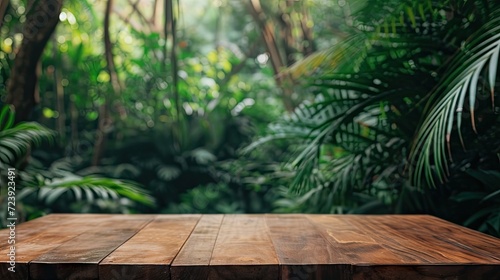 wood counter floor podium set in a natural outdoors tropical forest garden. 