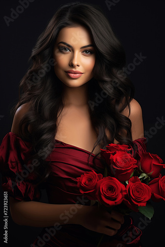 Beautiful brunette with long black hair wearing a red dress with red roses