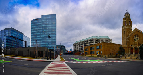 Stamford City Skyline, skyscrapers, and church buildings in Connecticut, modern metropolitan street landscape with business and cultural landmark architectures in New England of America photo