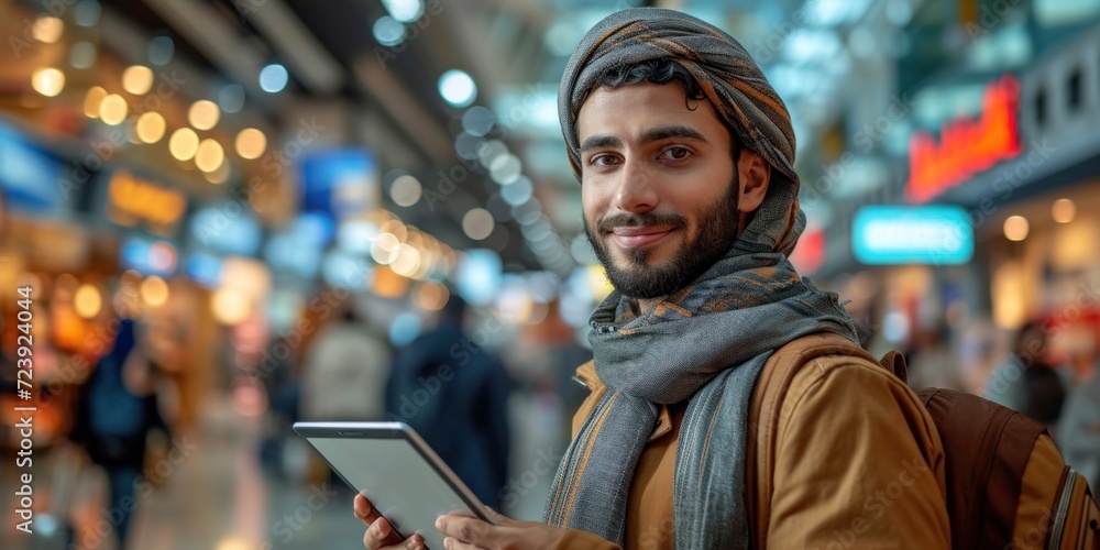 A smiling Arabian businessman with a tablet, waiting at the city's transportation station.