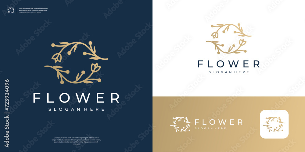Beauty olive oil logo design. Abstract flower and branch in circle shape.