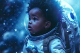 Generative AI image of an ethnic African American baby astronaut with afro hairstyle wearing Extravehicular Mobility Unit and helmet walking in outer space against spaceship