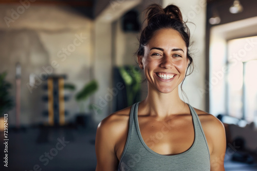 smiling happy female yoga instructor in a fitness studio