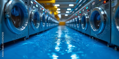 A commercial laundry machine aisle in a modern, technology-equipped laundromat with white appliances. photo