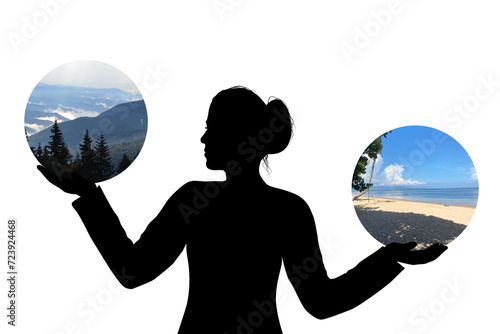 Woman who decide between going to the sea or the mountains