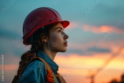 Generative AI image of low angle side view of serious young female engineer in hardhat and overall looking away while standing against blurred background of evening sky © sikandar