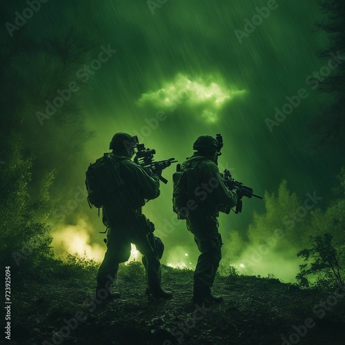 Brave soldiers persevering through torrential rain in a valiant display of resilience and dedication