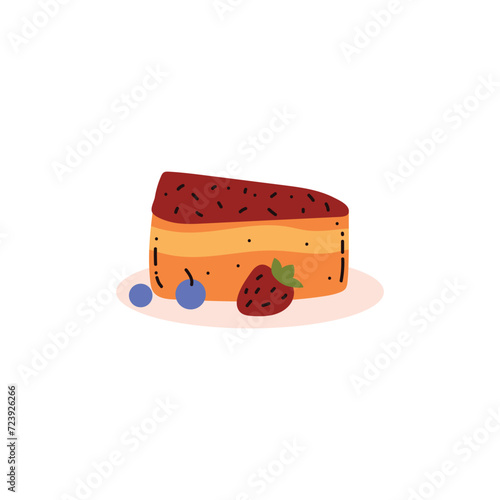 Piece of cake with fruit jam topping and berries on plate, delicious baking sweet dessert eating disorder vector concept