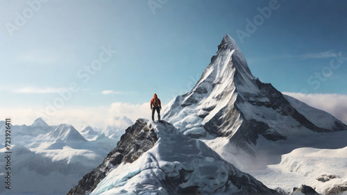 Hiker standing on the top of icy peak and looking at majestic view of wild unapproachable mountain range under snow. Adventure in nature concept.