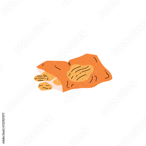Spilled corrugated potato chips in open plastic bag package vector illustration, unhealthy fat fast food eating disorder