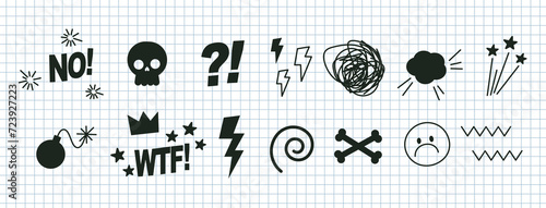 A set of hand drawn swear icons. Abstract anime icon, curses and skull. Swear symbols to express exclamation. Harsh mood. Negative thinking concept. Mad emoticon vector elements in a check notebook
