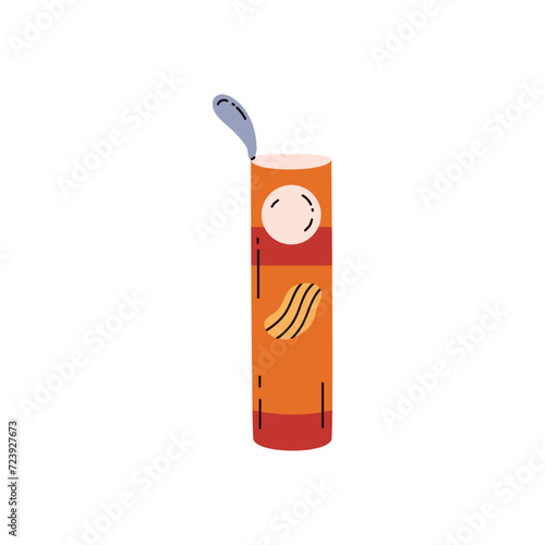 Potato chips open tube packaging vector flat illustration, unhealthy fat fast food, eating disorder concept