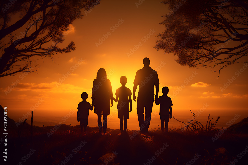 Family Vacation In Nature. Young Mom, Dad And Their Daughters And Son Meet At Sunset.