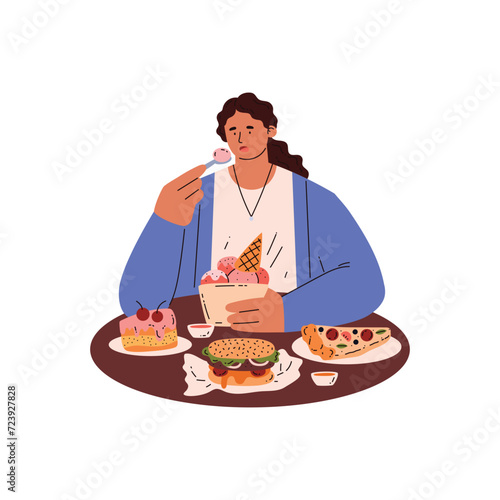 Lady devouring bakery sweets desserts and fast food, cartoon woman eating ice cream, Eating disorder, addiction vector