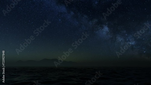 3D illustration. UFO over the sea and waves on a starry night with mountains on the horizon.