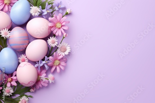Pastel easter eggs on soft pink background with flower surrounding, top view, copy space