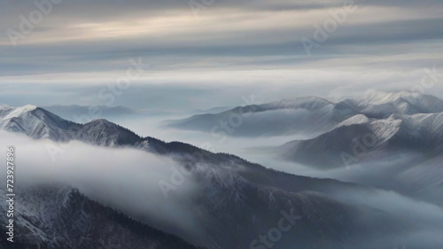 Mountain peaks covered in heavy fog  © triocean