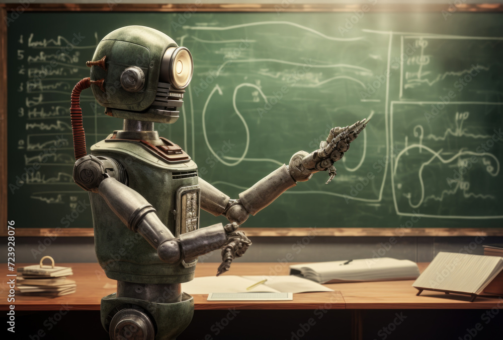 Automatic human-like robot standing in front of class with pupils and teaching them of robotics. Automatic human-like robot standing in front of class with pupils and teaching them of robotics.