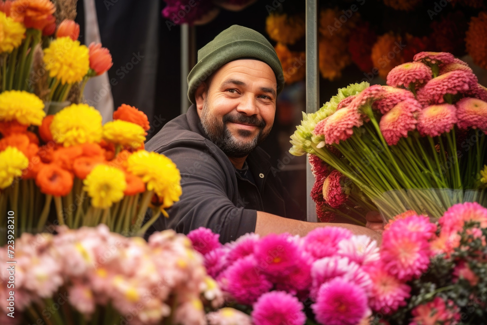 Portrait of smiling man selling flowers on local flower market
