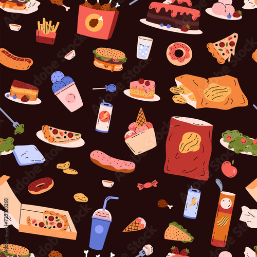 Seamless pattern with unhealthy bakery sweets, desserts and fatty fast food, vector cartoon eating disorder, overeating