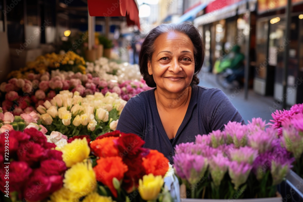 Portrait of African american mature woman selling flowers on local flower market