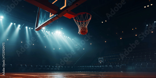 A basketball ball  into a  basket. Sport acrive game banner © bit24