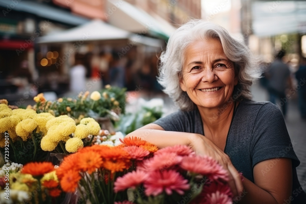 Portrait of mature woman selling flowers on local flower market Portrait of mature woman selling flowers on local flower market