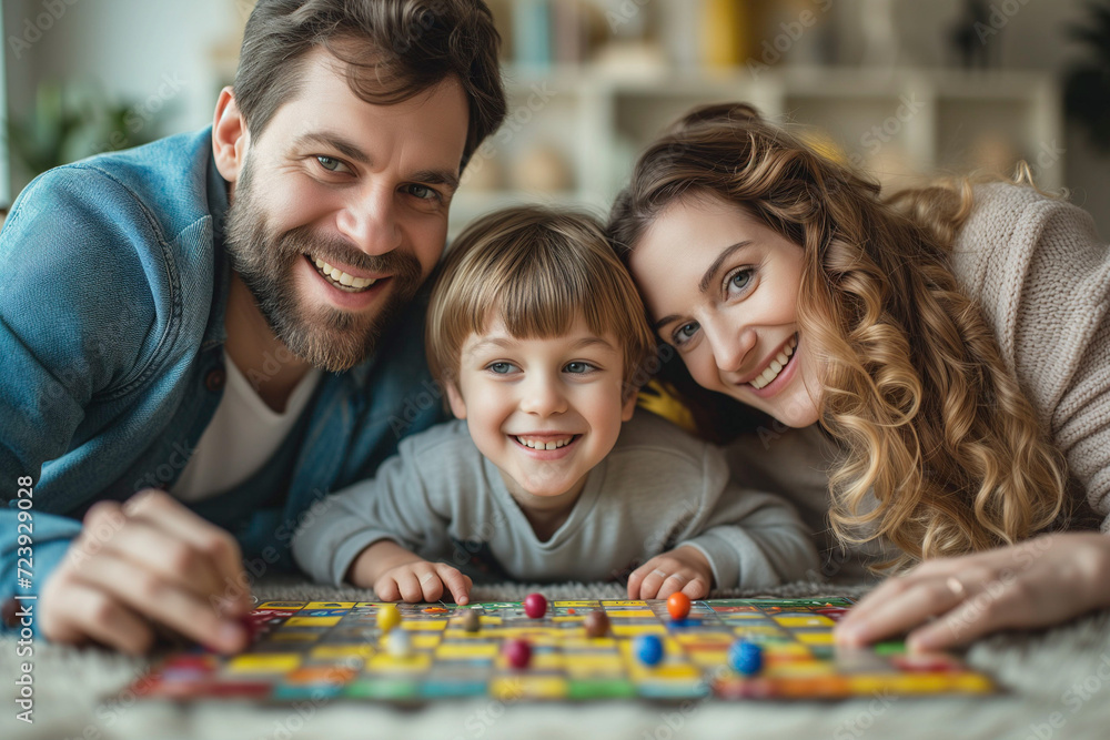 Family weekend entertainment play game sitting at a table.Stay at home family game concept. Family weekend entertainment play game sitting at a table.Stay at home family game concept.