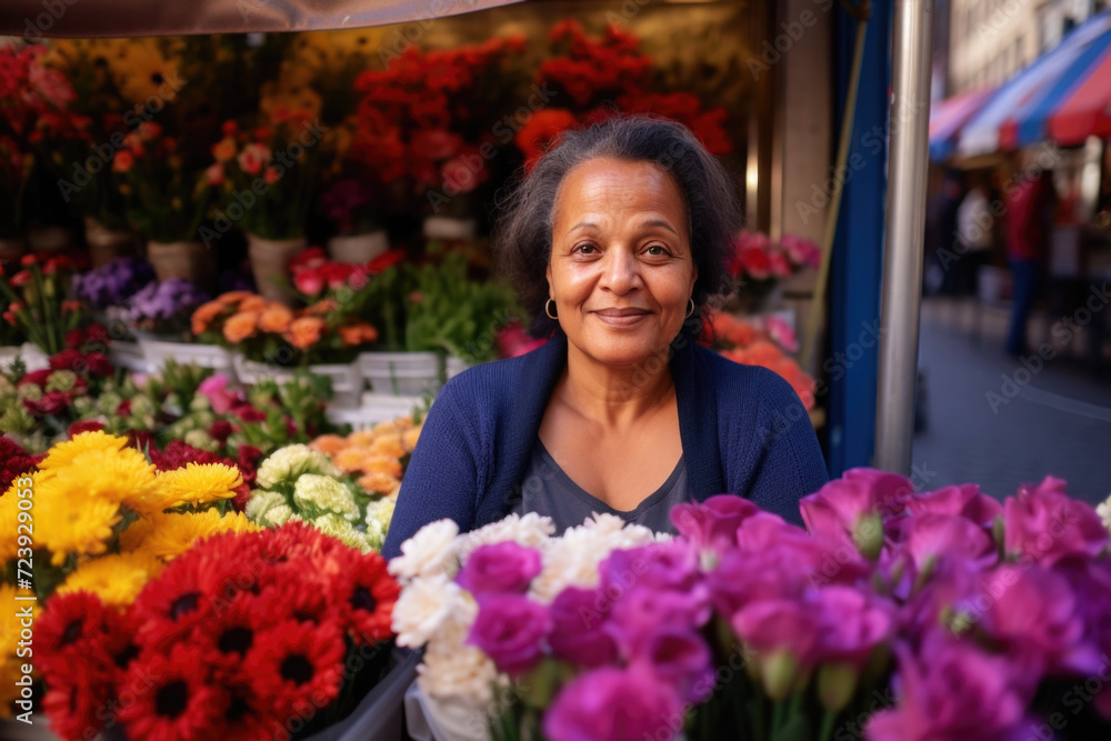 Portrait of African american mature woman selling flowers on local flower market