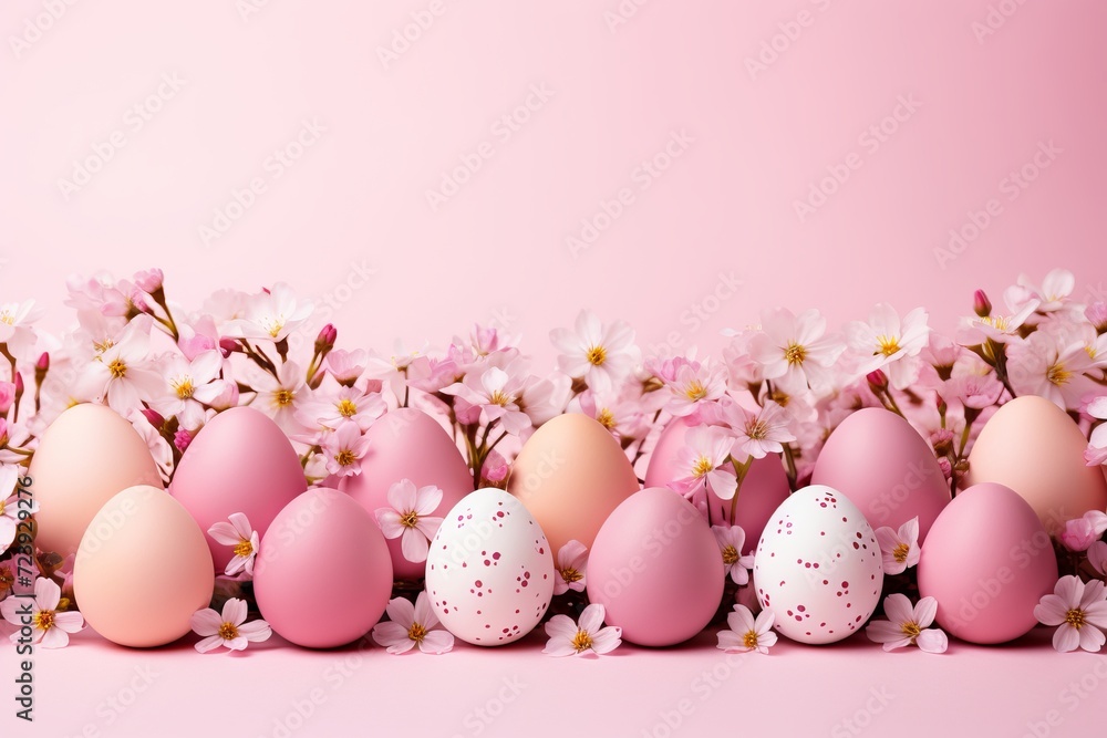 Pastel easter eggs in various colors on soft pink background with beautiful flowers, top view