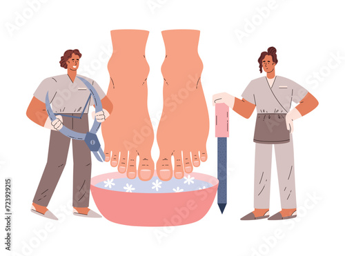 Pedicure in beauty spa salon, vector cartoon staff applying cuticle remover, nail file to foot of woman, skin nails care
