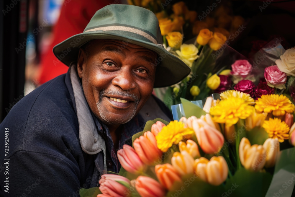 Portrait of mature African american man selling flowers on local flower market