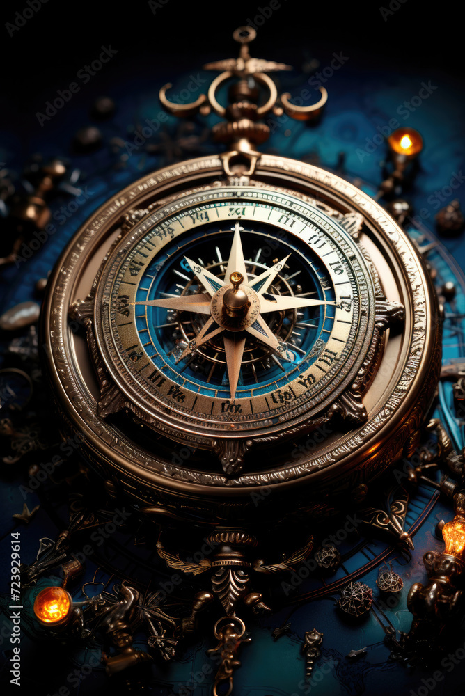 Gold vintage compass on a blue background with lights