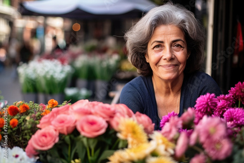 Portrait of mature woman selling flowers on local flower market © pilipphoto