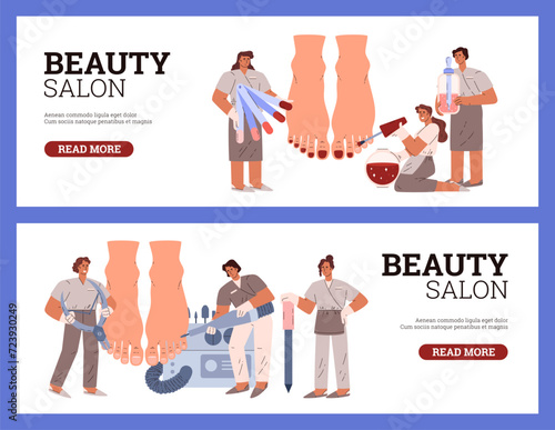 Beauty salon pedicure feet care procedure banners, flat vector illustration.