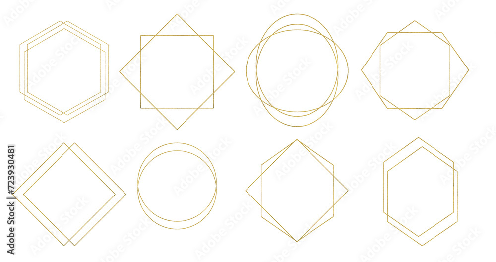 A large set of gold frames of different shapes in the Art Deco style. The frames are universal, suitable for invitations, posters, covers, card. Illustrations on a transparent background. - obrazy, fototapety, plakaty 