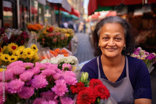 Portrait of African american mature woman selling flowers on local flower market © pilipphoto