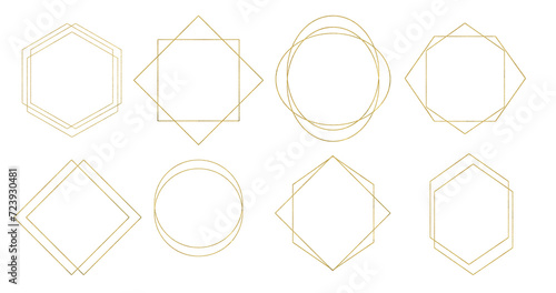 A large set of gold frames of different shapes in the Art Deco style. The frames are universal, suitable for invitations, posters, covers, card. Illustrations on a transparent background.