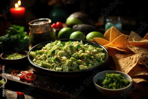 Avocado guacamole on a plate and chips, Mexican cuisine © Sunshine