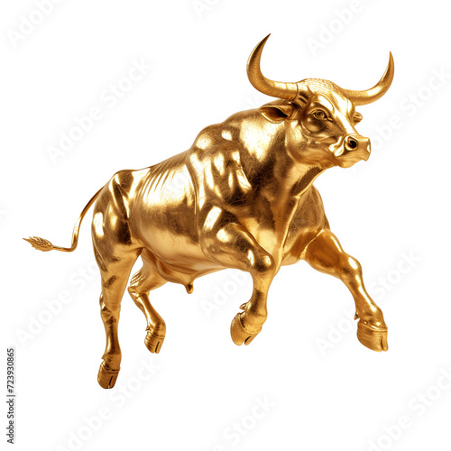 The Bull Run in Crypto and Blockchain  A Golden Jumping Bull Sculpture as a Market Trend Symbol  Isolated on Transparent Background  PNG