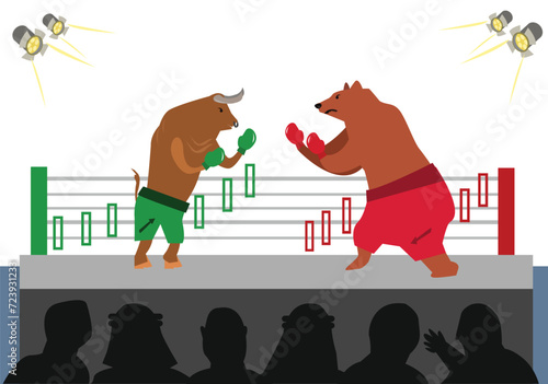 Bear versus the Bull in the arena as symbol of the changing financial markets according to trends. Editable Clip Art.