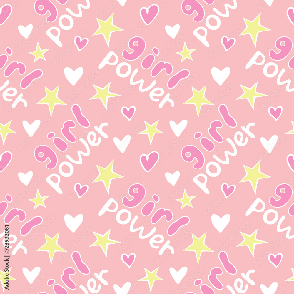 Girl power - hand drawn vector seamless pattern with lettering for your design. Cute background, texture with woman motivational slogan for feminism theme Girl power - hand drawn vector seamless pattern with lettering for your design. Cute background, texture with woman motivational slogan for feminism theme