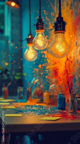 Glowing Light Bulbs Over Paint-Splatted Table