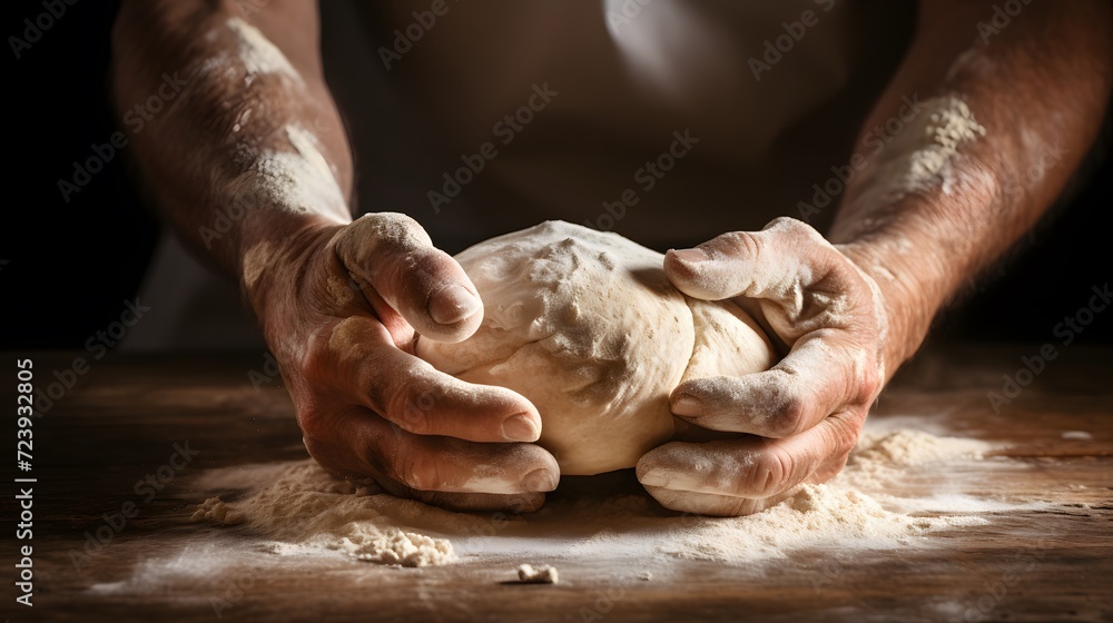 Bakers hands kneading dough for artisan bread