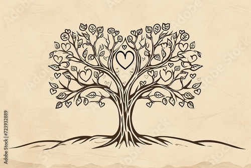 Stylized tree with heart-shaped leaves on parchment paper, symbolizing family and love