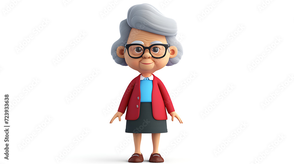Meet our adorable 3D-rendered senior woman cartoon character! With a cute smile and stylish attire, she is perfect for adding a touch of warmth and personality to any project. Isolated on a